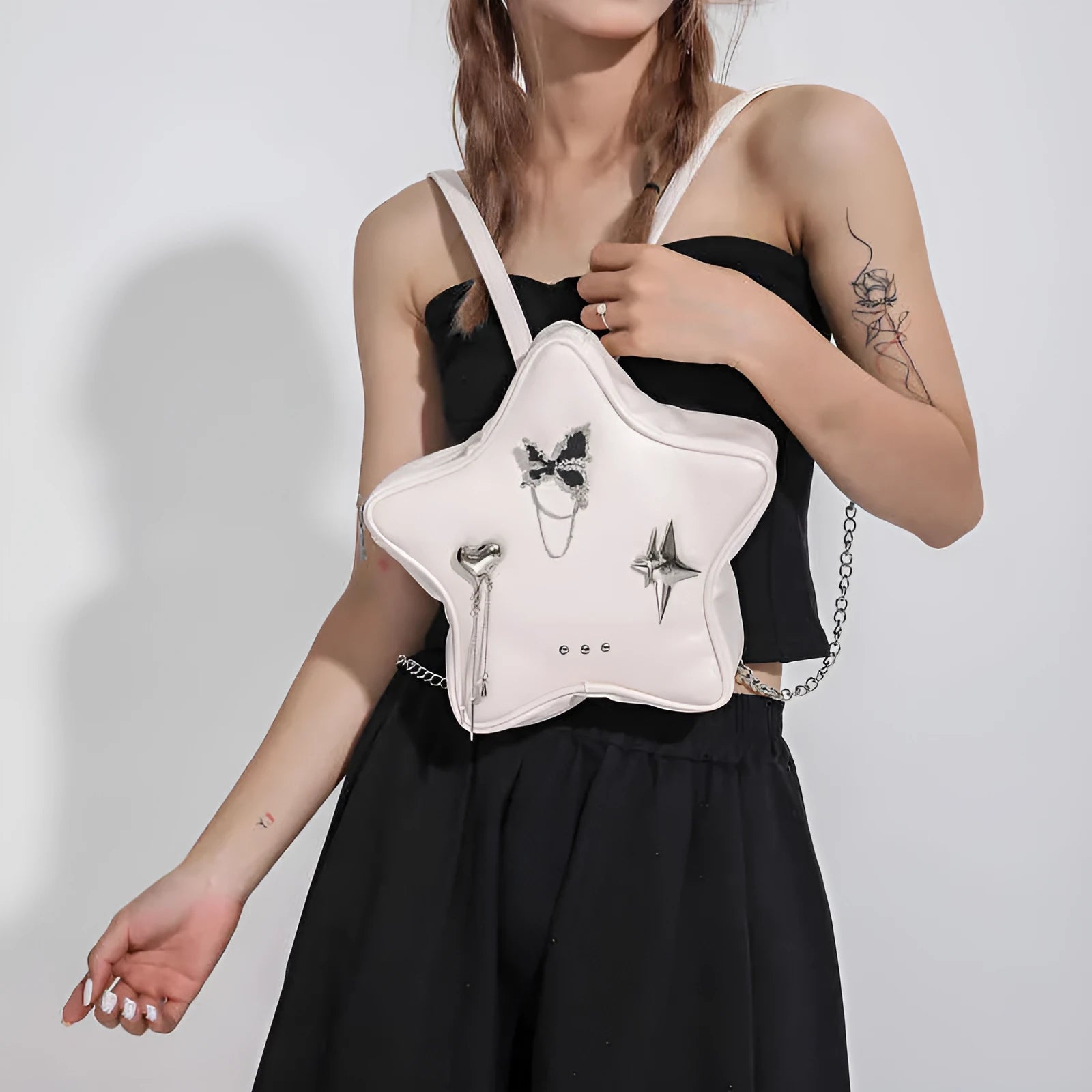 Soft PU women's mini backpack messenger bag shown in Black, Milky White, Silver, and Beige colour options.