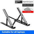 Silver aluminium folding laptop stand holding a laptop on a desk