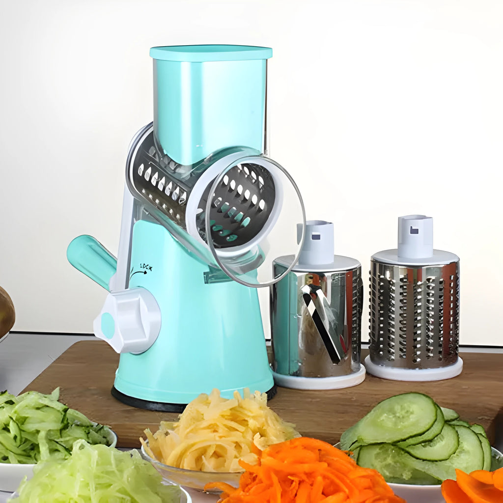 Manual round mandoline slicer vegetable cutter with stainless steel blades in blue colour