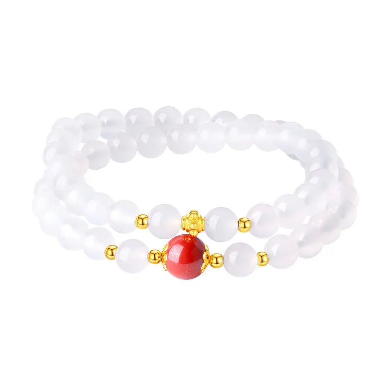 Women's double-layer white agate and jequirity bean cinnabar bracelet with 6mm geometric beads