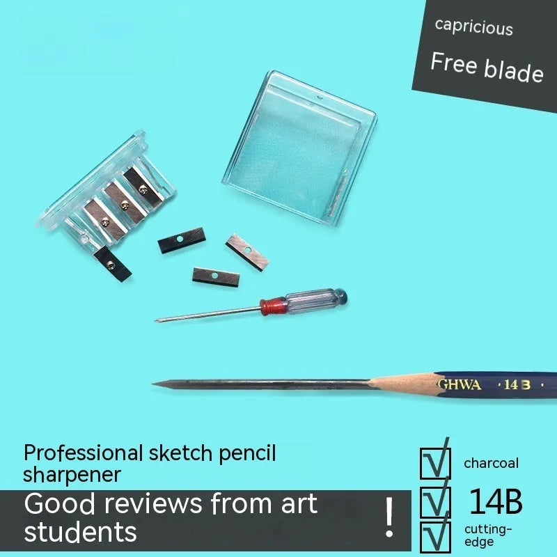 Four-hole pencil sharpener with geometric plastic design, four blades, and screwdriver for easy maintenance