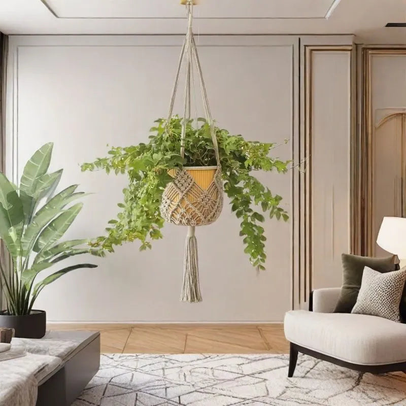 Hand-woven polyester cotton flower pot in brown with net pocket extension cord, approximately 30cm diameter.