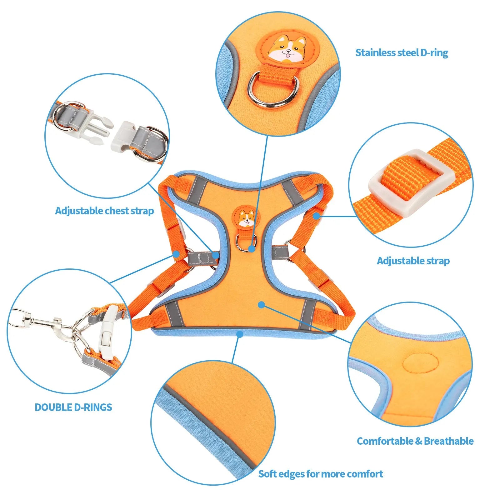 Adjustable dog harness with chest strap in multiple colour options