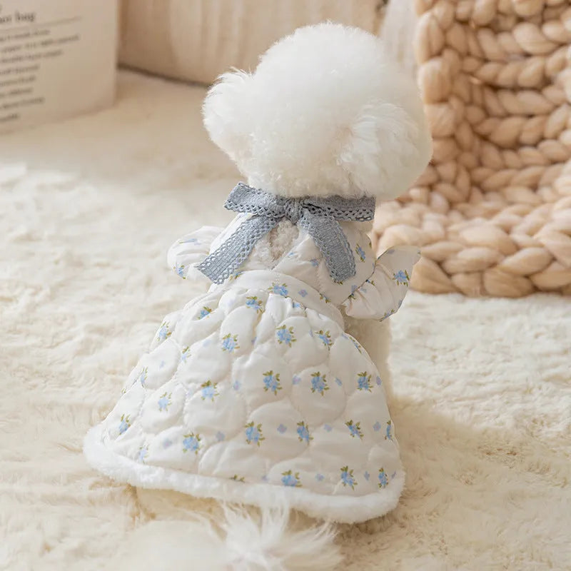 White thick dog dress with large bow, flower print and flannel lining for small dogs