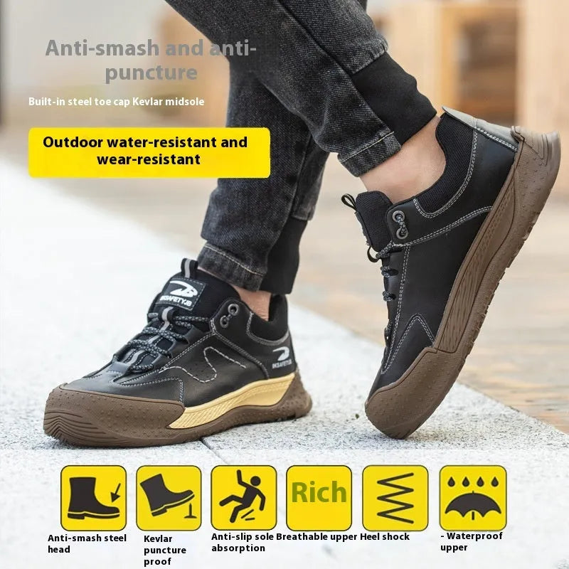 Leather work shoes with rubber soles in black, khaki, gray, and insulated brown colours, sizes 36-46