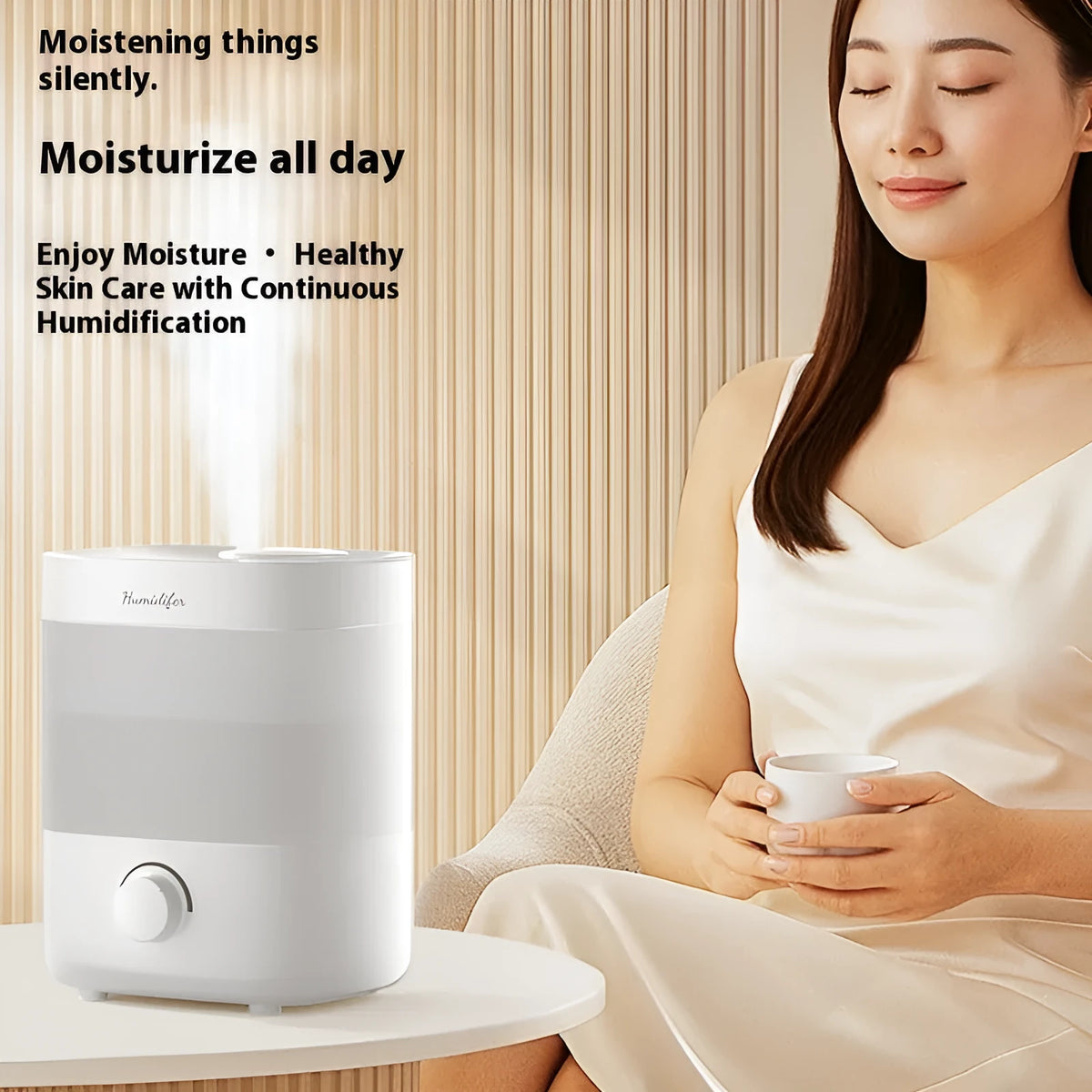 White dual spout USB humidifier with 2 litre capacity tank and night light display