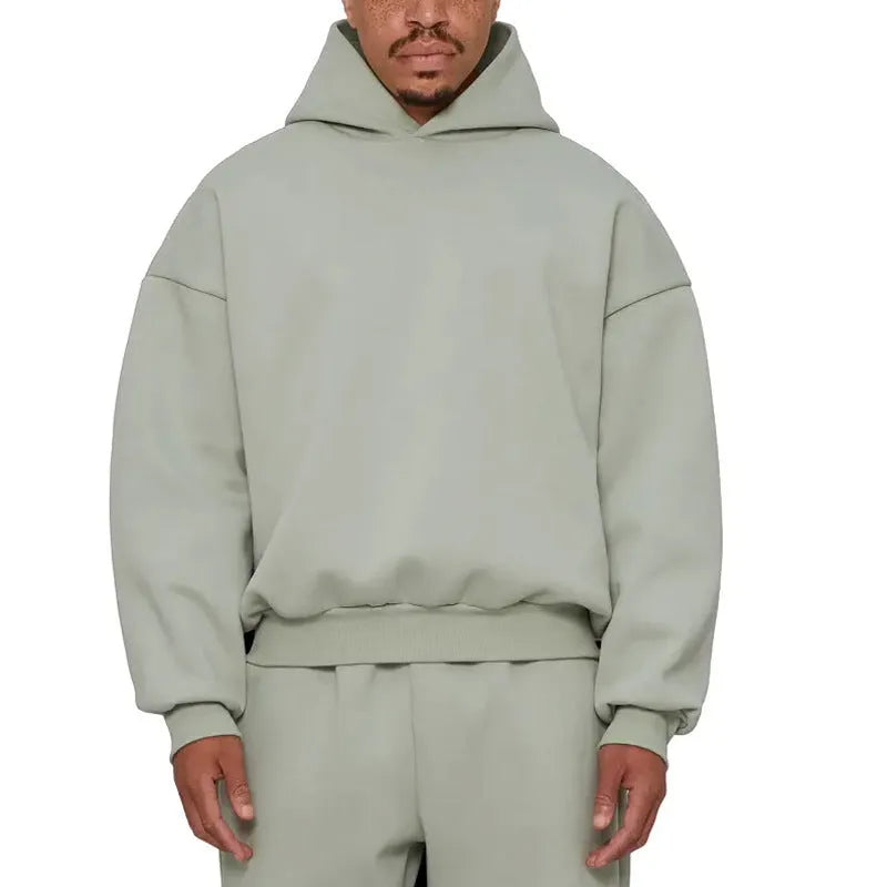 Men's fleece-lined pullover hoodie in solid colour with wool lining, shown in size L