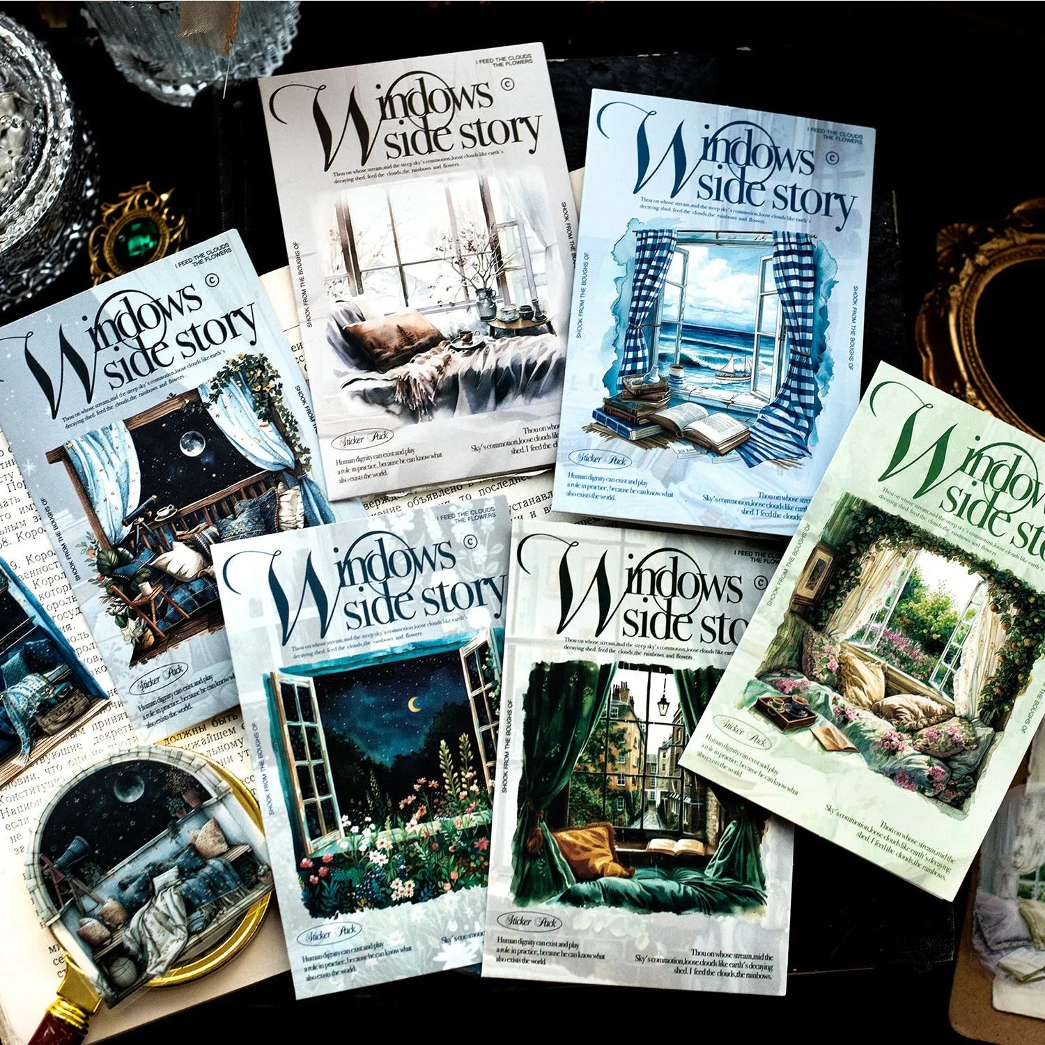 Window Story Series journal decorative stickers showing six colour themes with retro window scene designs
