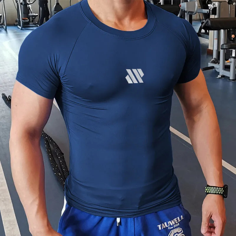 Men's quick-drying polyester compression top in solid black, white, light pink, or navy blue, sizes M to 3XL