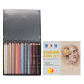 Set of 24 skin tone colour pencils in a round brush pot inside a silver iron box.