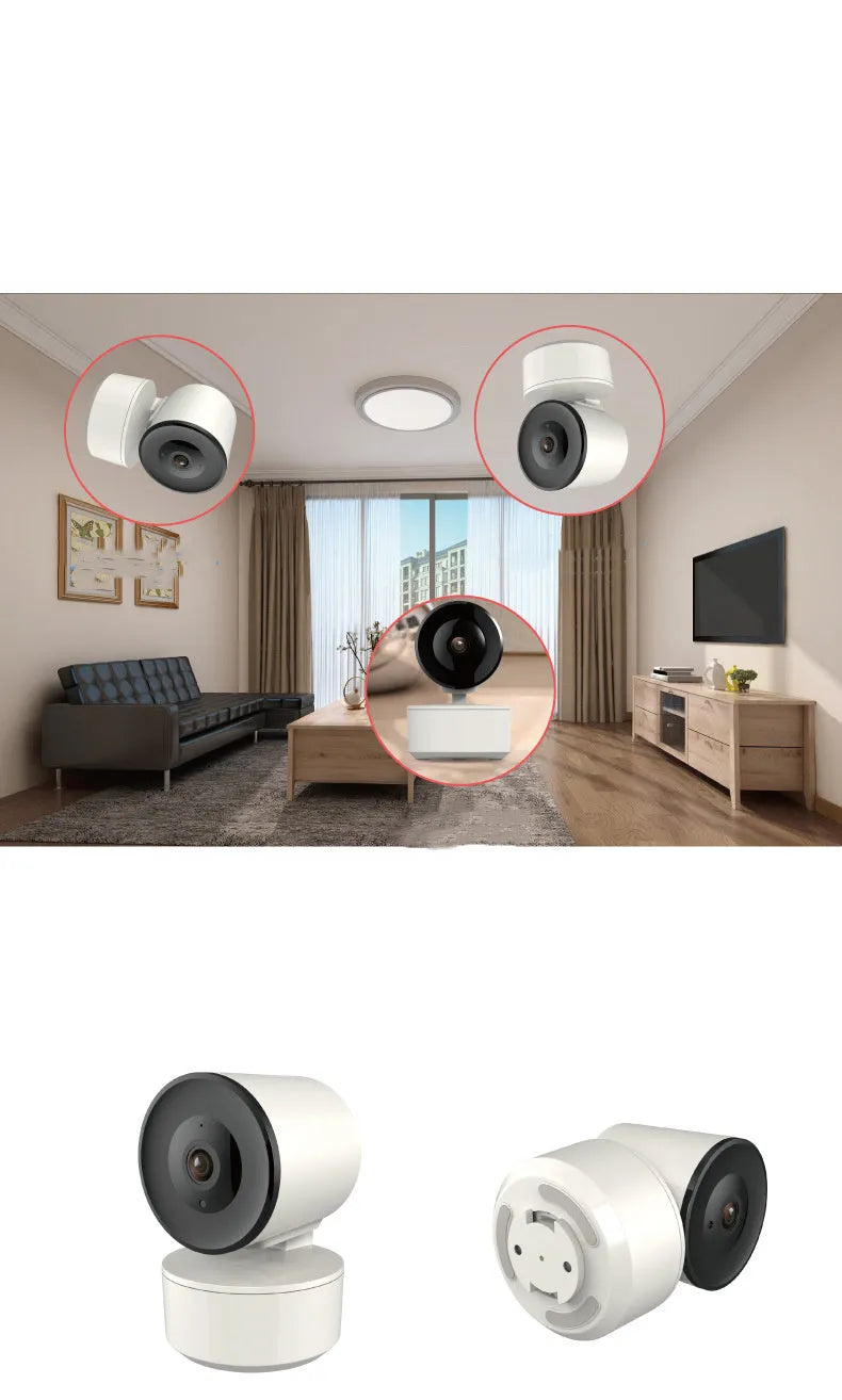 Smart WiFi indoor security camera with 1080p clarity and 355-degree rotation on desktop