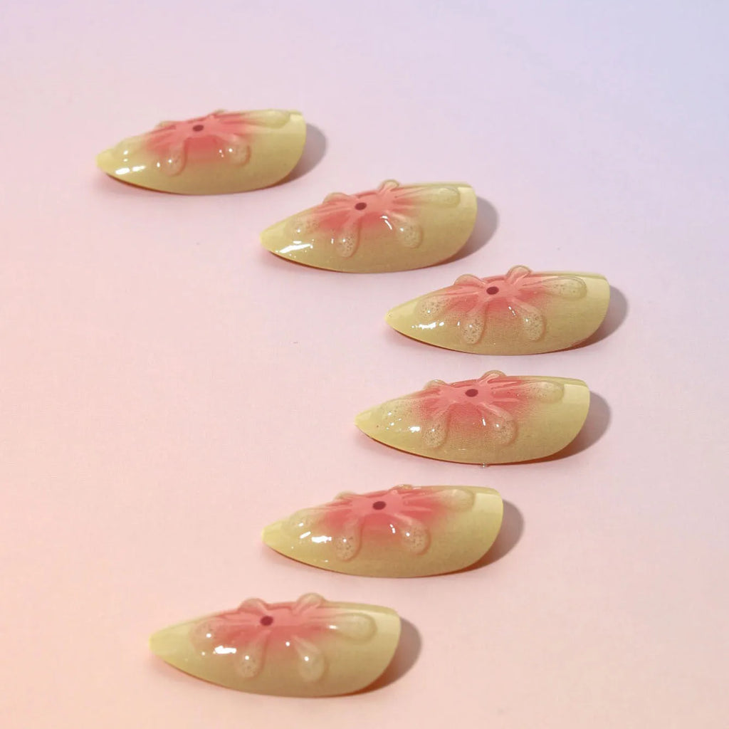24-piece detachable fake nails with 3D cartoon flower pattern, jelly glue tube, and filing strip