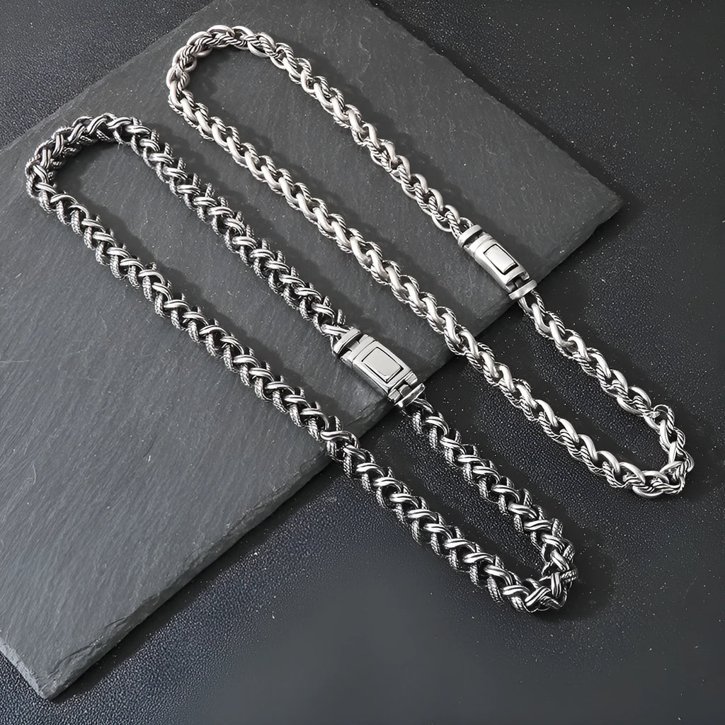 Men's titanium steel keel chain necklace with antique silver finish and large hemp flowers chain design