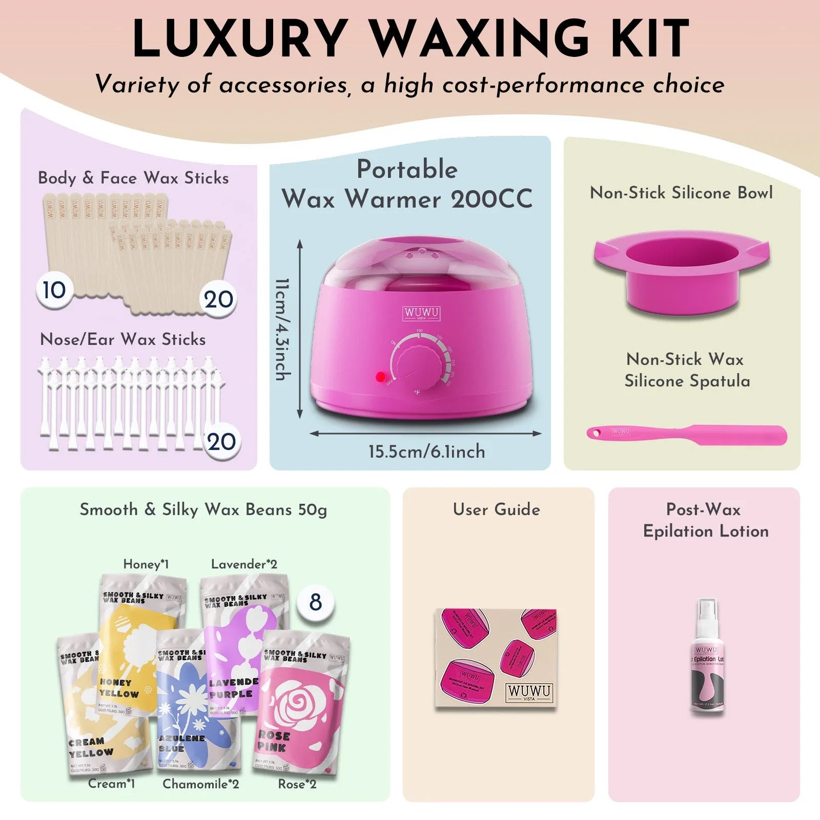 WUWUVISTA waxing kit with 200cc warmer, wax beads, and 63 pieces for home hair removal