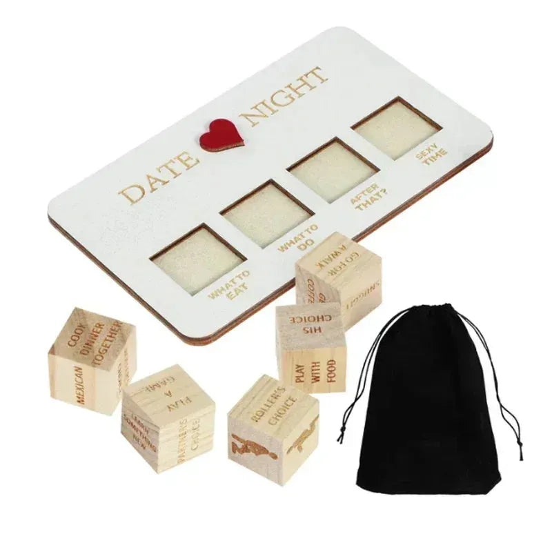 Wooden date night dice set with five dice, date planner board, and black storage bag