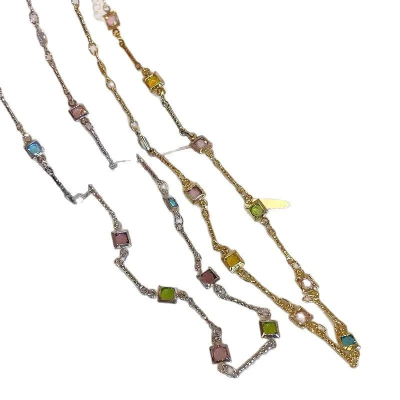 Square colour artificial crystal geometric pendant necklace on clavicle-length chain in gold tone