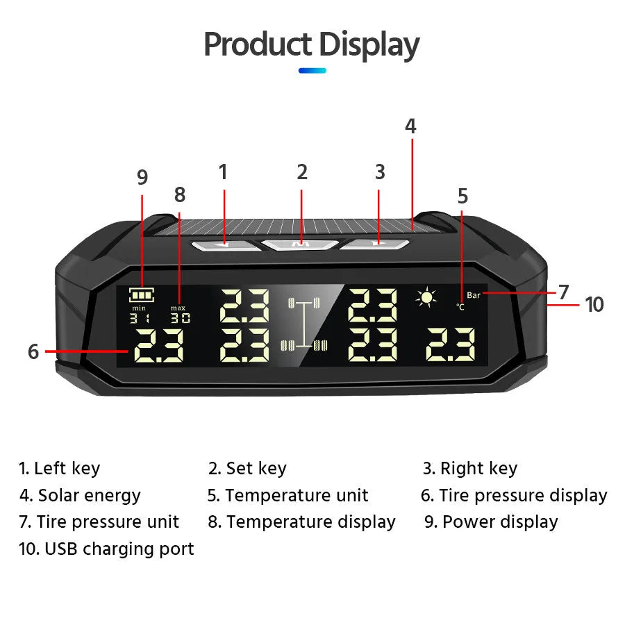 Solar external tyre pressure monitor with colour display for six-wheel vehicles, showing dimensions and sensors