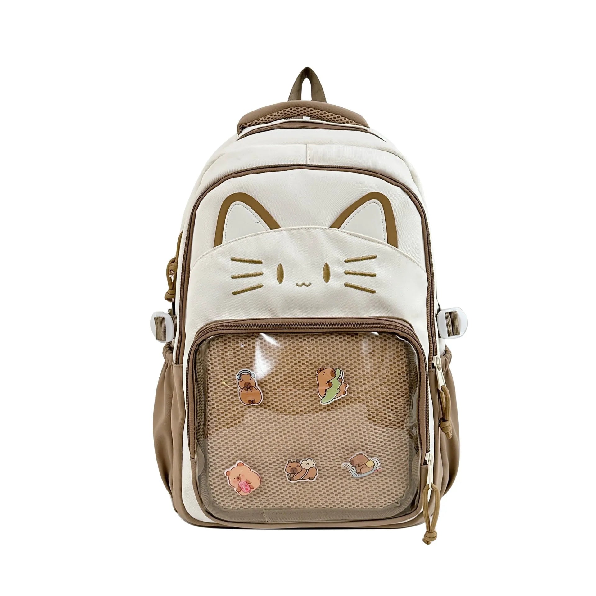 Cartoon design nylon backpack with curved shoulder straps shown in pink colour