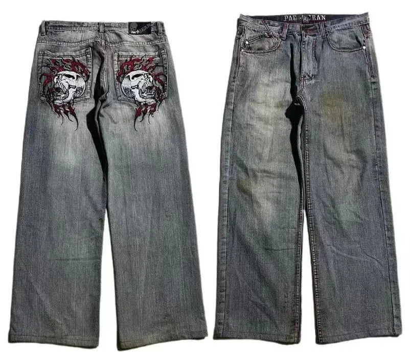 Men's grey wide-leg jeans with straight-leg design and washed-out finish for retro workwear style