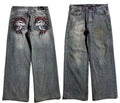 Men's grey wide-leg jeans with straight-leg design and washed-out finish for retro workwear style