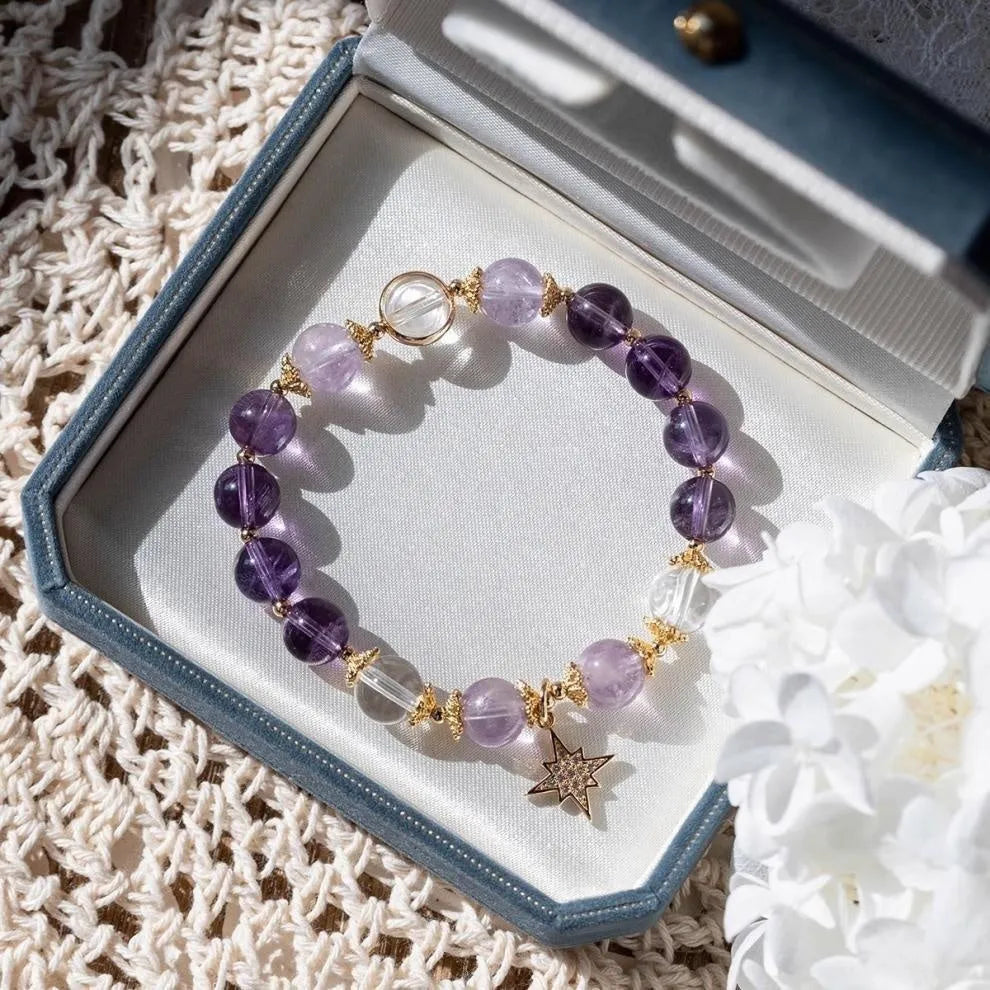 Handmade eight-point star amethyst artificial crystal bracelet for women in clear presentation box