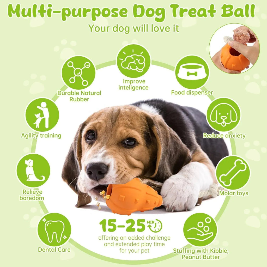 Stuffable dog toy in natural rubber, 30cm long with hollow interior for treats, designed for fetch and chew games