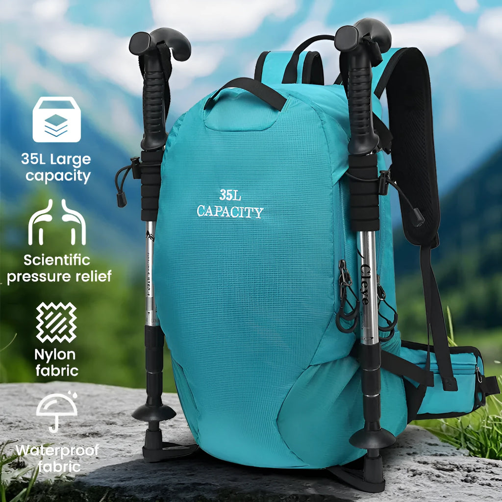Solid-colour waterproof Oxford cloth hiking backpack with a structured back, shown in lake blue.