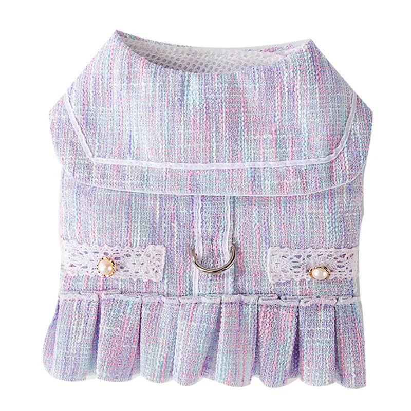Small dog or cat clothing in pink or purple with ruffled sleeves, showing four size options for pets 1.5kg to 7.5kg