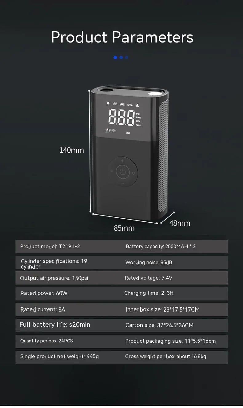 Wireless handheld digital display air pump with LCD screen showing tyre pressure, three nozzles, and charging cable