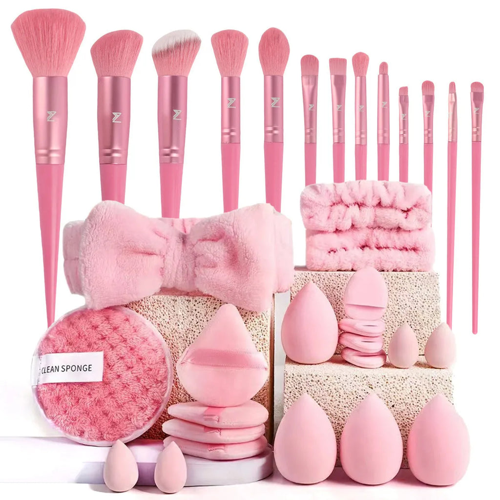 40-piece hydrophilic non-latex beauty tool set with brown, pink, and purple tools for face washing and makeup.