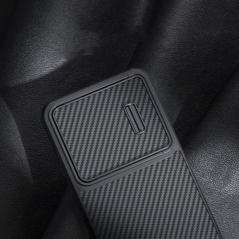 Black Samsung S23 Ultra mobile phone case with lens push cover and carbon fibre detailing