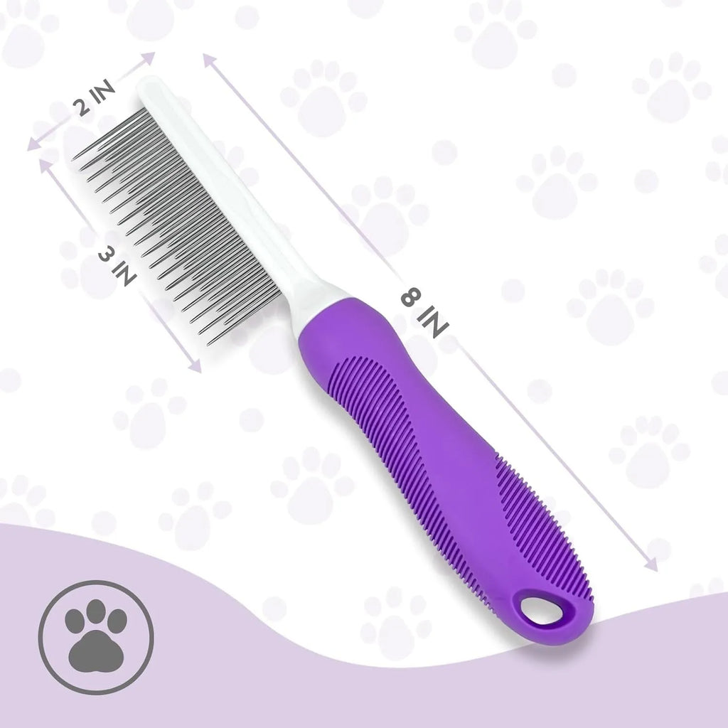 Purple detangling pet comb with stainless steel teeth for grooming dogs and cats, showing ergonomic handle