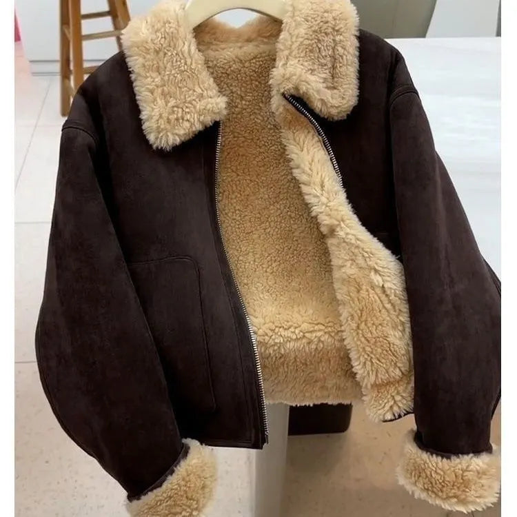 Women's thickened faux fur winter jacket with faux fur collar and pockets, shown in brown, coffee, orange, and burgundy, sizes S to 3XL.