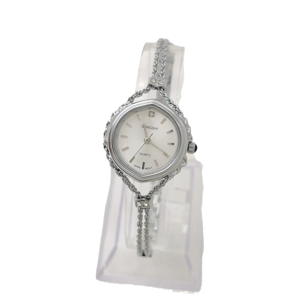 Gold or silver mori style women's quartz watch with 25mm dial and chain strap