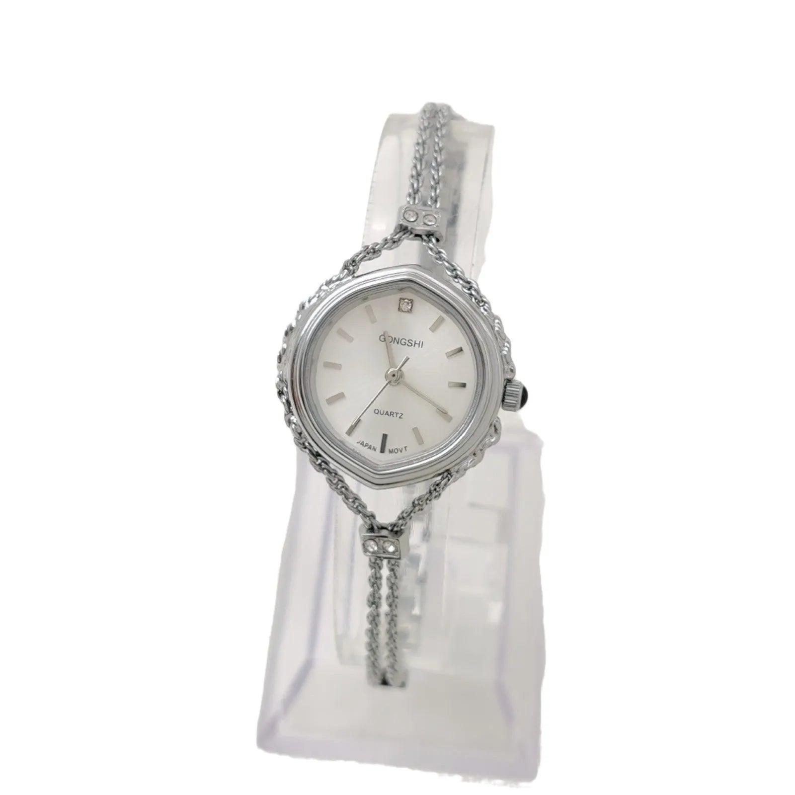 Gold or silver mori style women's quartz watch with 25mm dial and chain strap