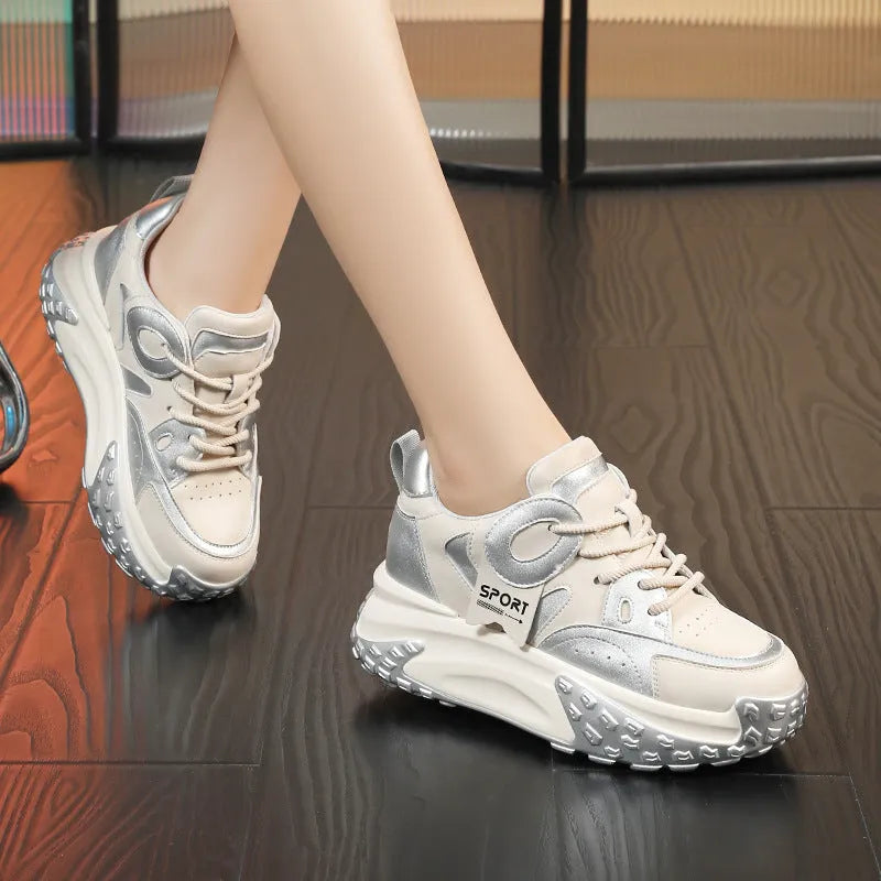Leather wedge heel sports casual shoes in silver colour with round toe and front lace-up closure