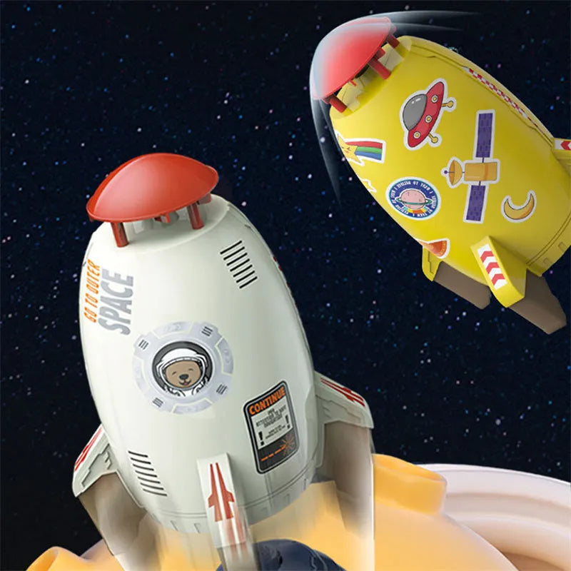 Yellow water pressure rocket launcher toy for kids outdoor garden play on a green lawn.