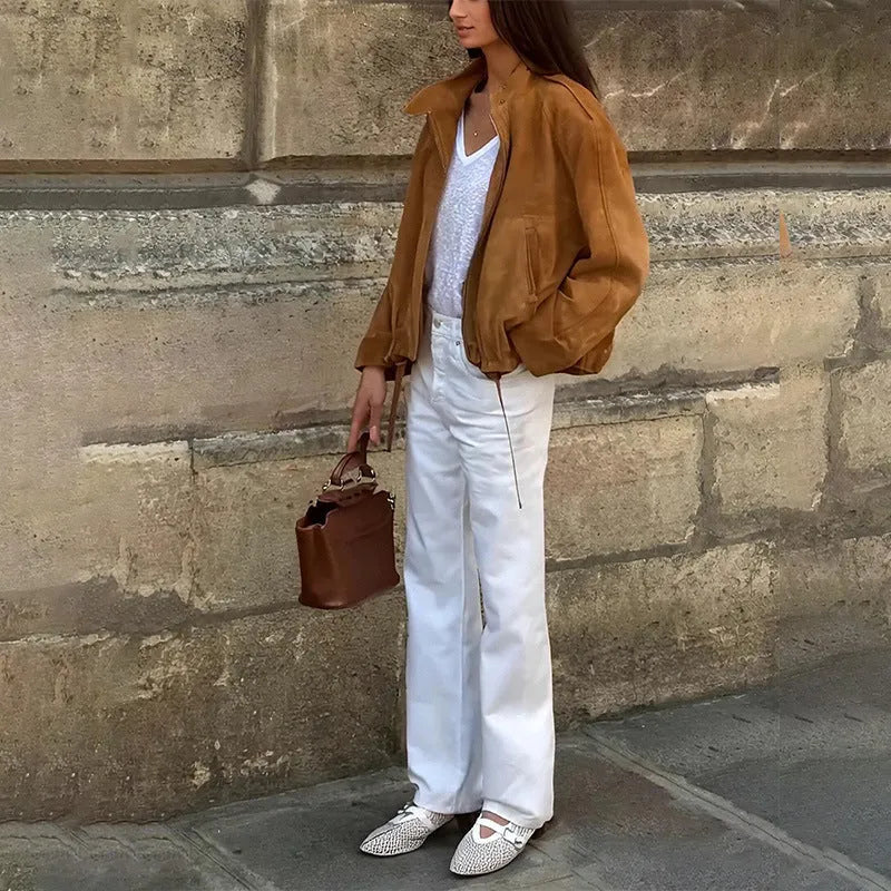 European and American retro solid colour loose-fit jacket with long sleeves in polyester