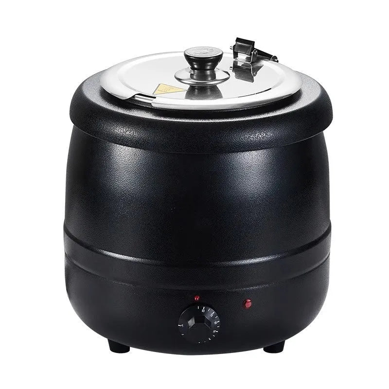 Black stainless steel insulation pot with steel cover, 10-litre capacity for commercial kitchen soup preservation