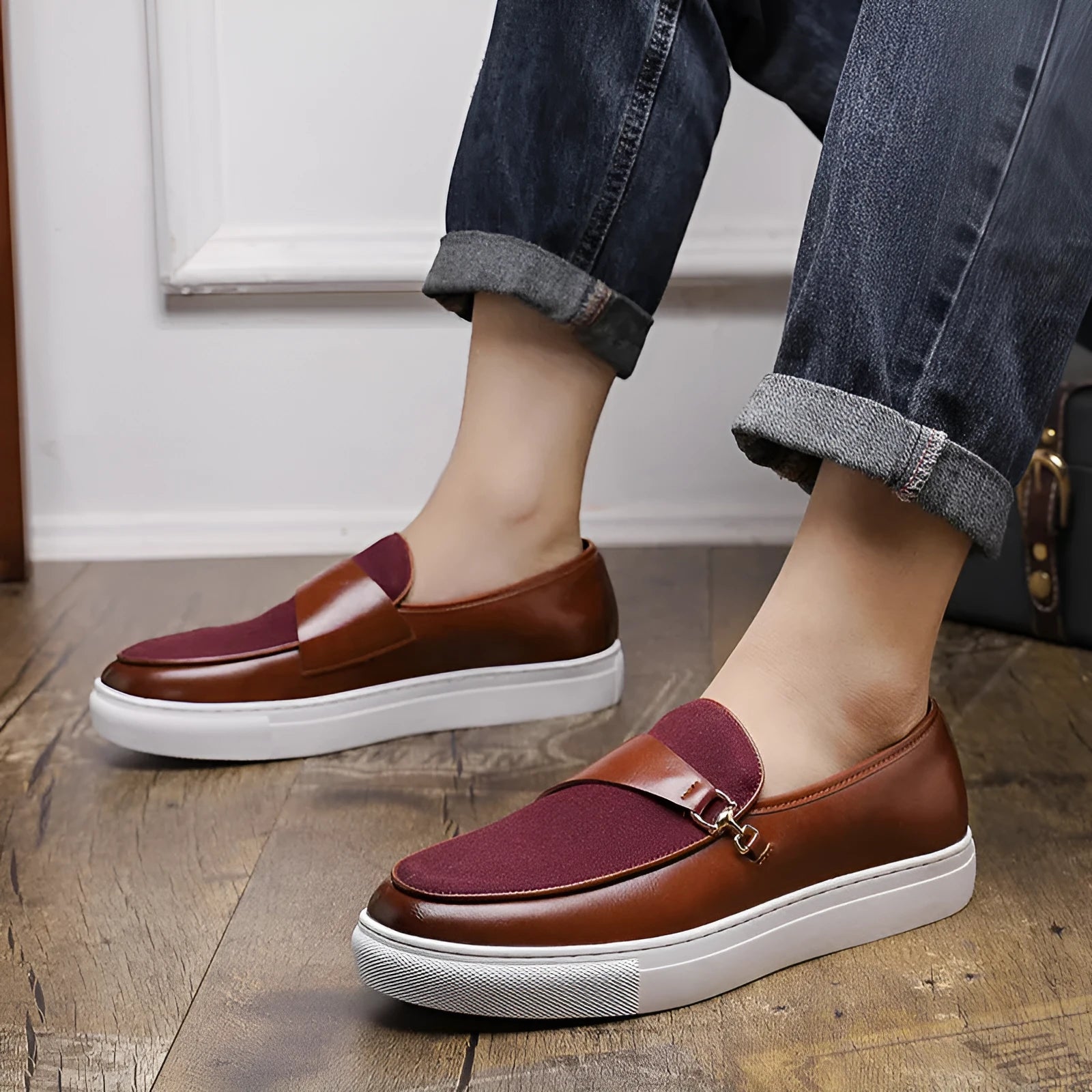 Men's black slip-on loafer with a gold horsebit buckle, round toe, and visible stitching.