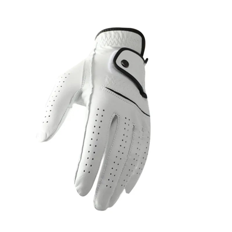 White half sheepskin golf glove for men with non-slip grip, shown in size options 22-26