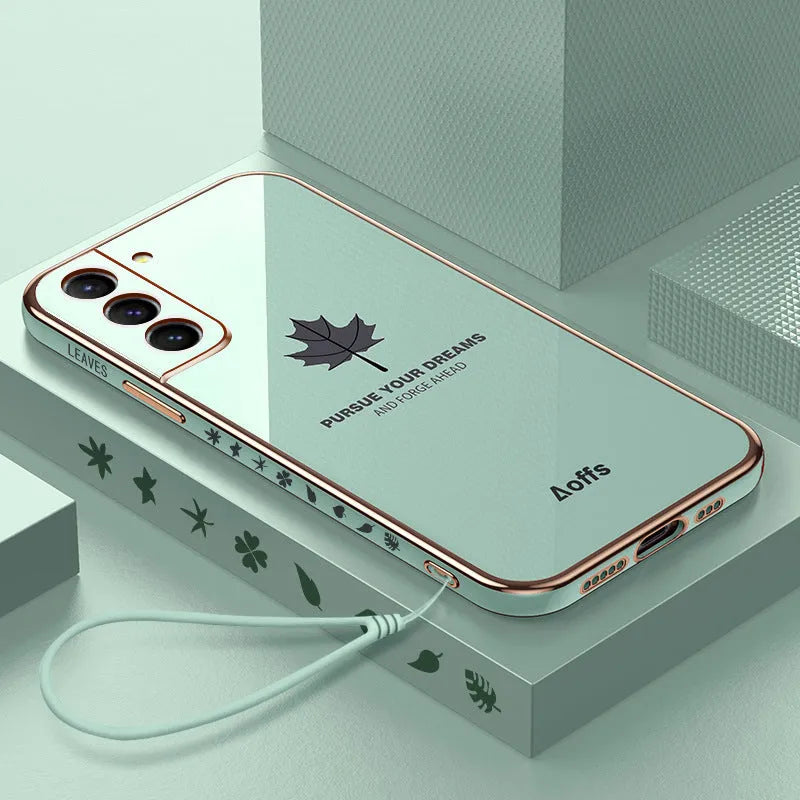 Straight edge electroplating TPU phone case with maple leaf design for Samsung, shown in white, black, lavender grey, mint green, and grass purple.