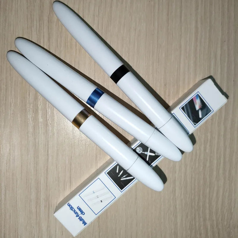 A blue headphone cleaning pen with a metal nib, brush, and sponge for cleaning electronics.