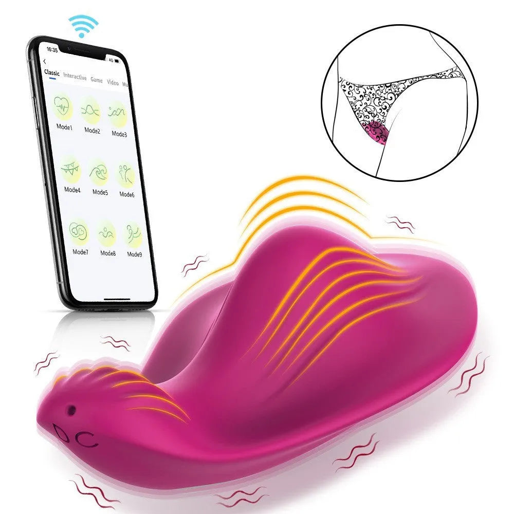 Rose red silicone wearable female massager with butterfly design and USB charging cable