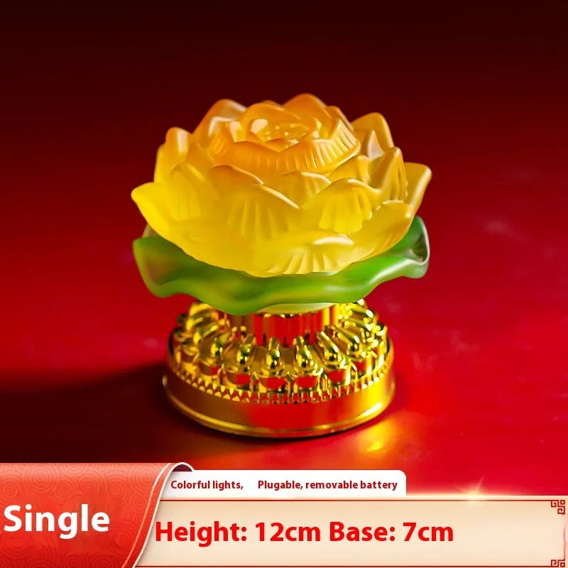 Yellow Chinese-style lotus lamp for Buddha altars in flower bud or flowering design