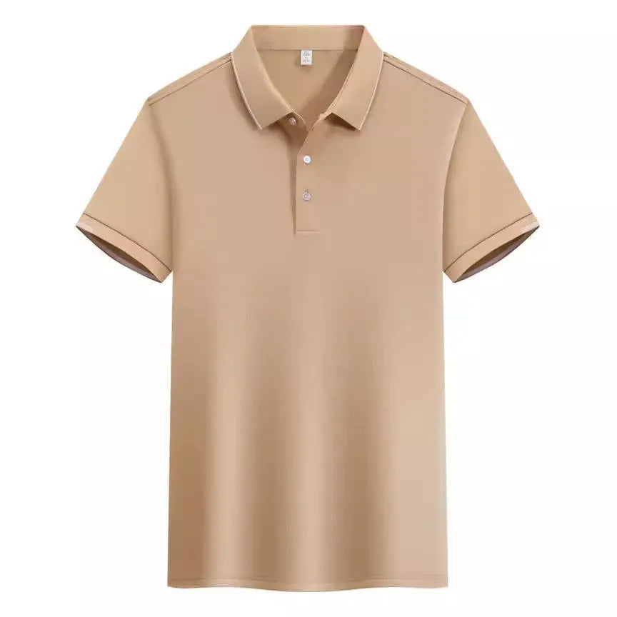 Men's apricot cotton blend loose polo shirt with a short sleeve and contrasting colour on the collar and lapel.