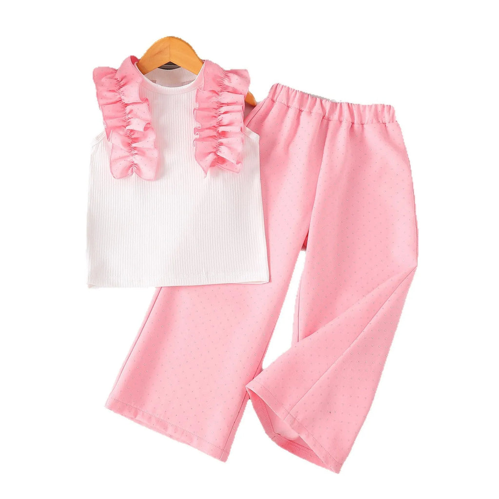 White cotton two-piece children's set with sleeveless bow top and pants, sizes 4Y to 7Y