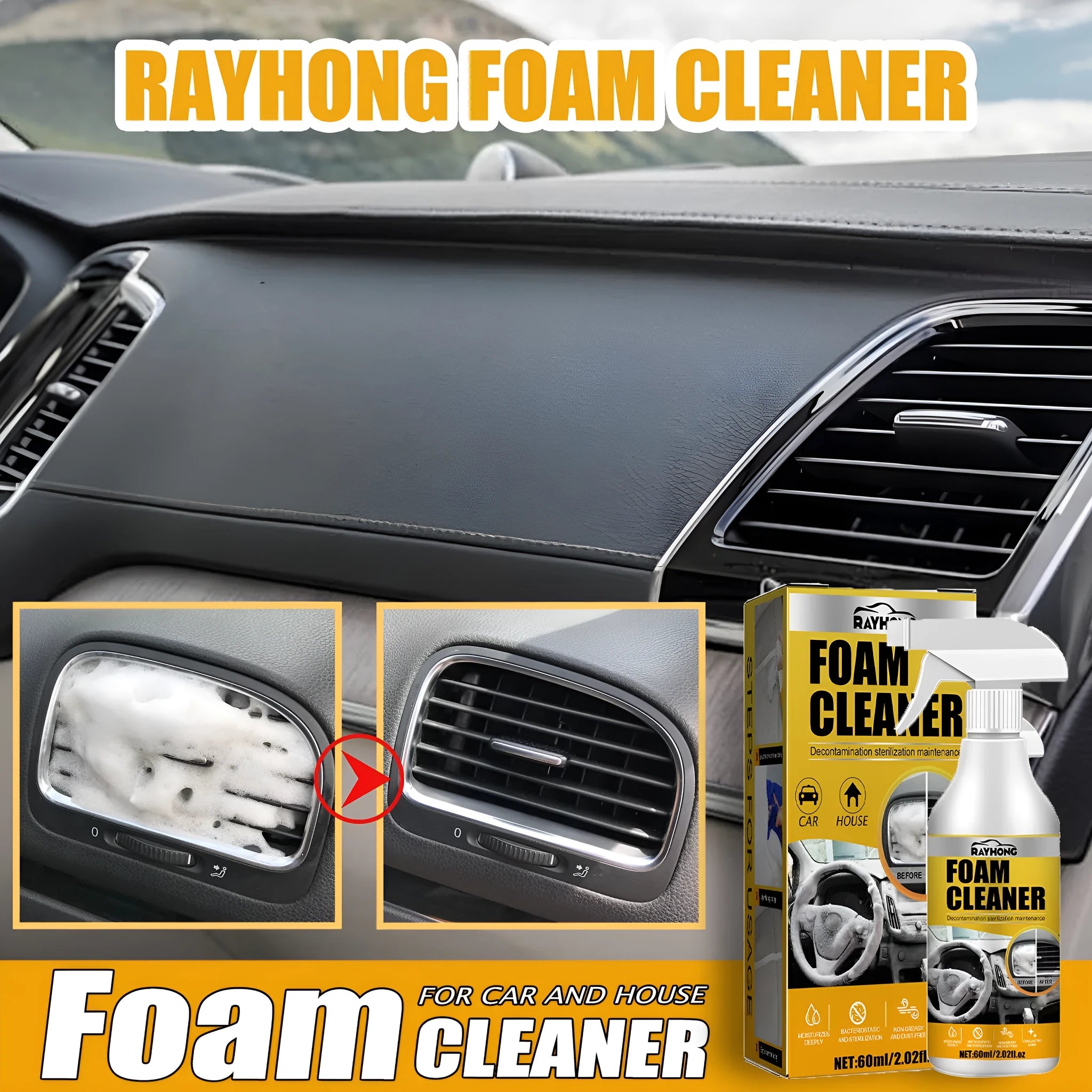 Car interior wash-free foamed cleaner with sponge applicator for fabric and upholstery cleaning