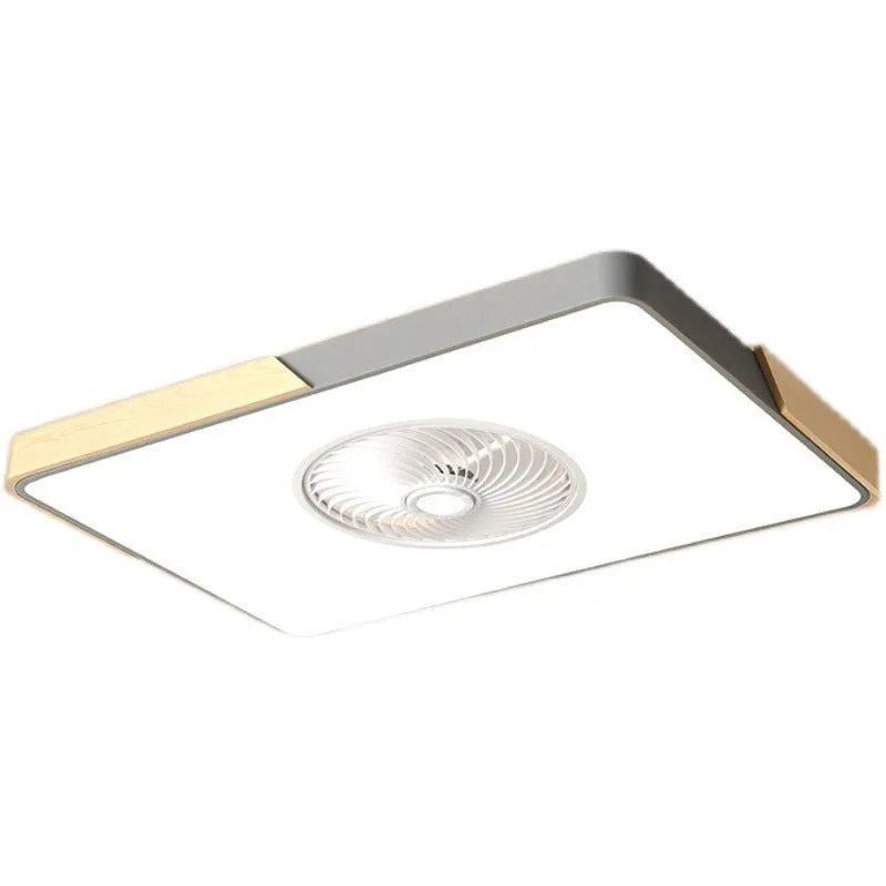 Nordic style ceiling fan with integrated light fixture in a solid wood housing, shown in rectangular, round, and square size options.