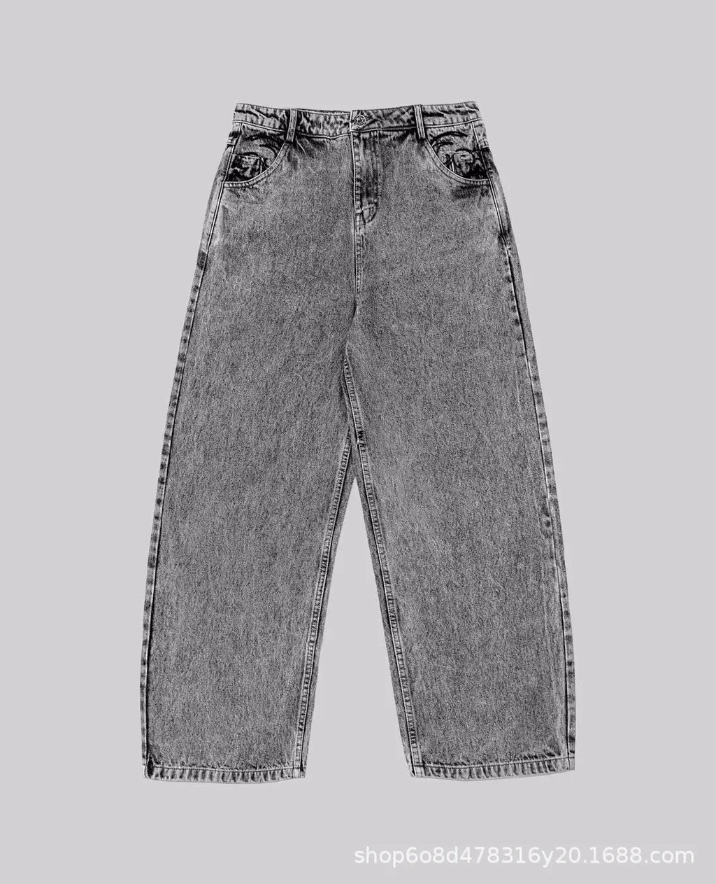 Grey loose straight-leg denim trousers for men and women with mid-waist design